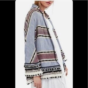Zara boho kimono open front cardigan gray blue  multi colored pom poms fringe